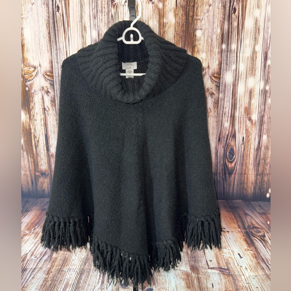 Ann Taylor LOFT Black Poncho with Fringe
